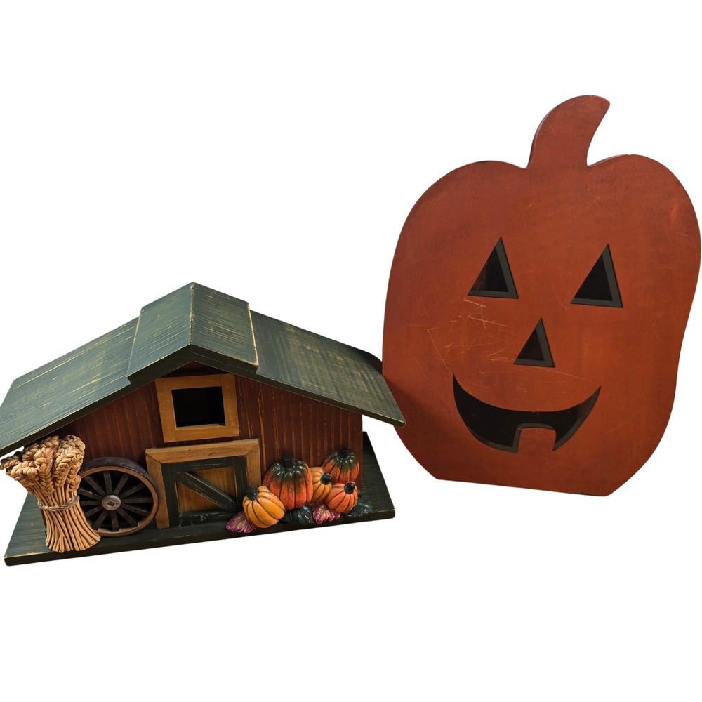 Russ Berrie Wooden House and Pumpkin Thanksgiving Rustic Country Halloween